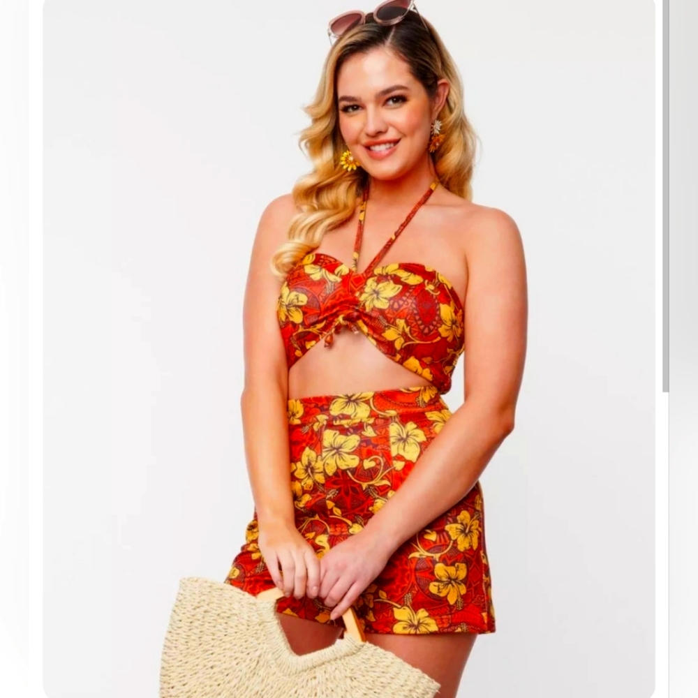 Free People Red and Yellow Floral Crop Top